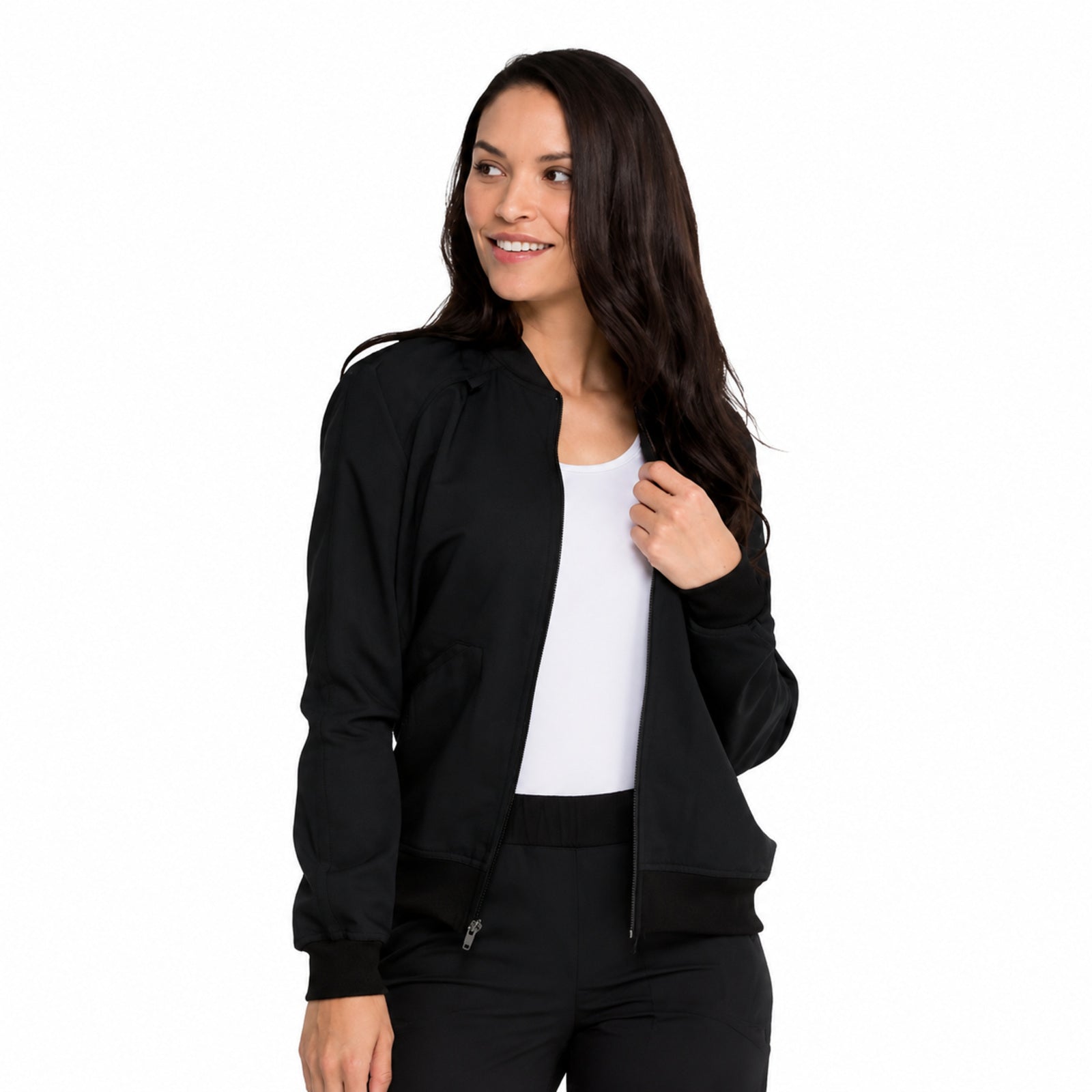 Dickies DK365 chamarra médica para mujer negra, vista tres cuartos izquierda | color:negra