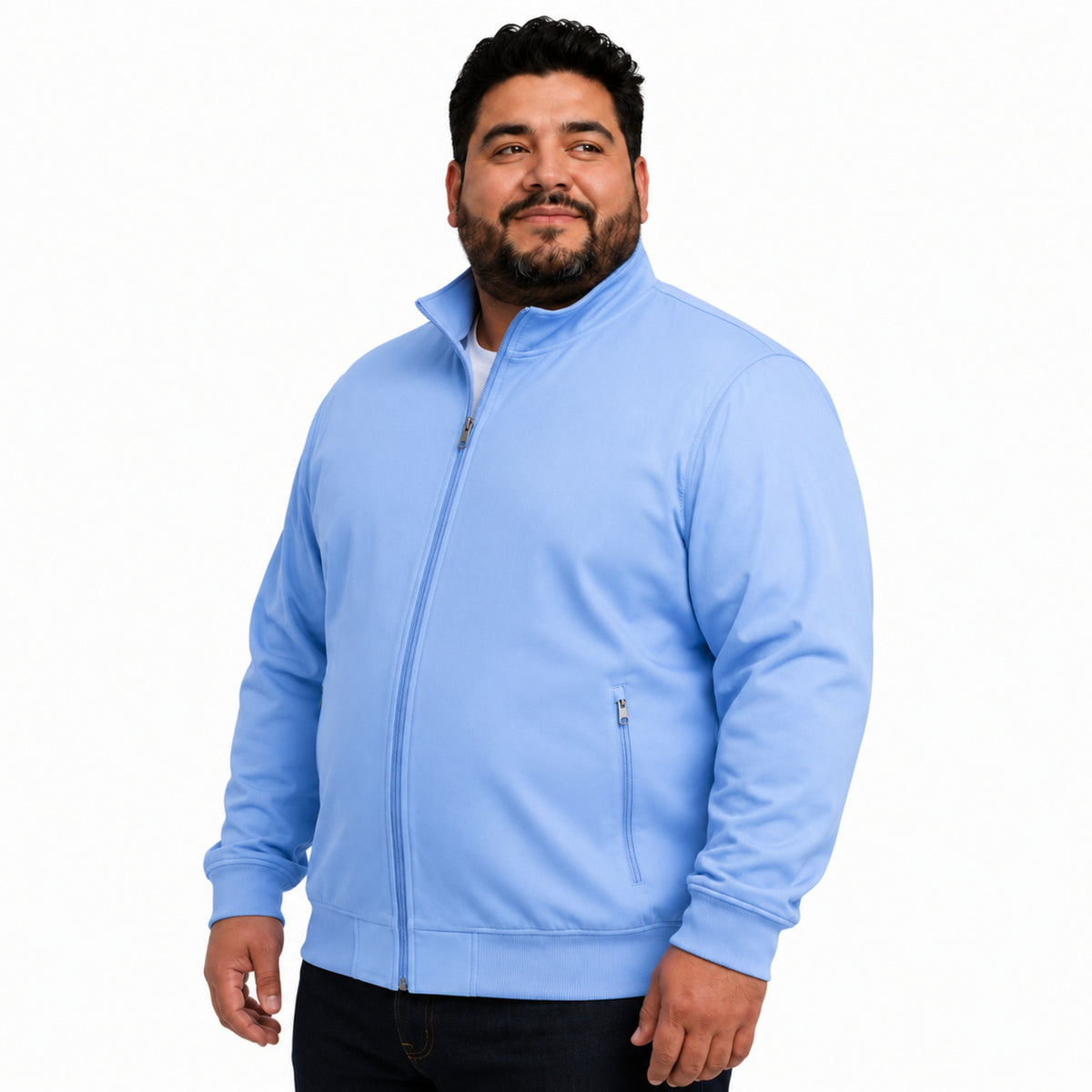 Dickies DK360 chamarra médica bomber para hombre talla extra en azul cielo, vista de perfil | color:azul-cielo