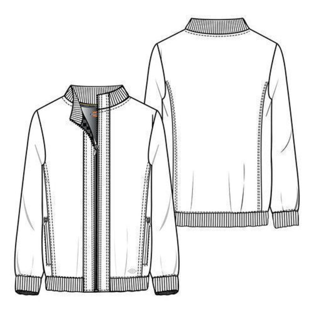 Dickies DK360 chamarra médica bomber para hombre talla extra, esquema técnico frontal y posterior