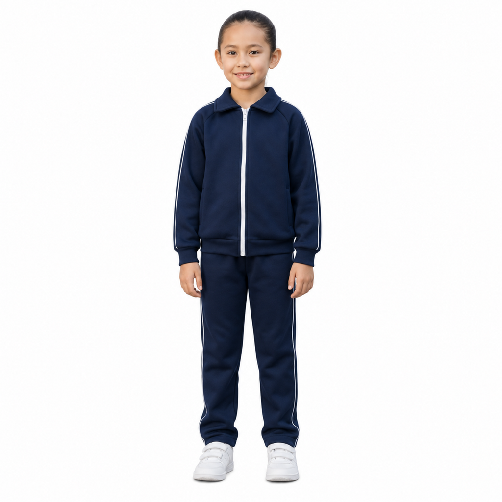 Conjunto pants escolar de felpa 4 Guerreros para niña azul marino, vista frontal con modelo