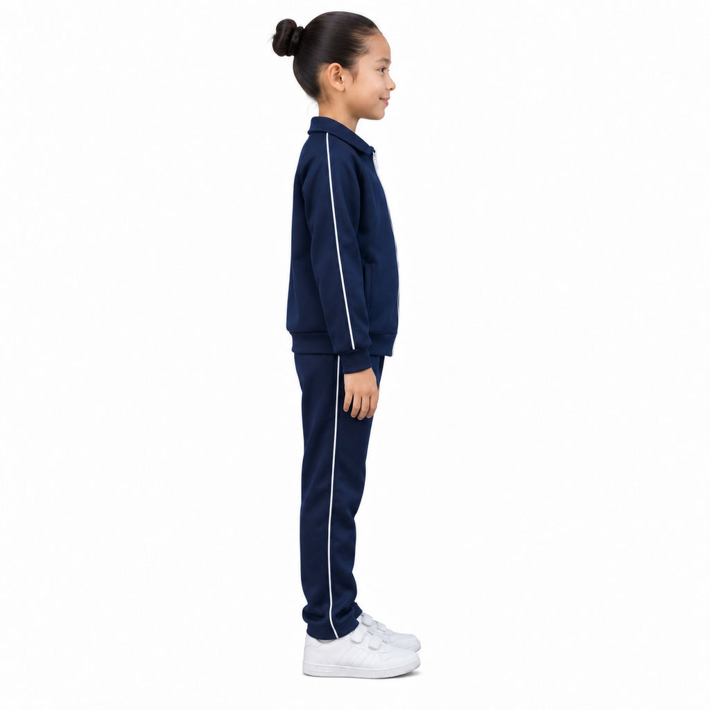 Conjunto pants escolar de felpa 4 Guerreros para niña azul marino, perfil derecho con modelo