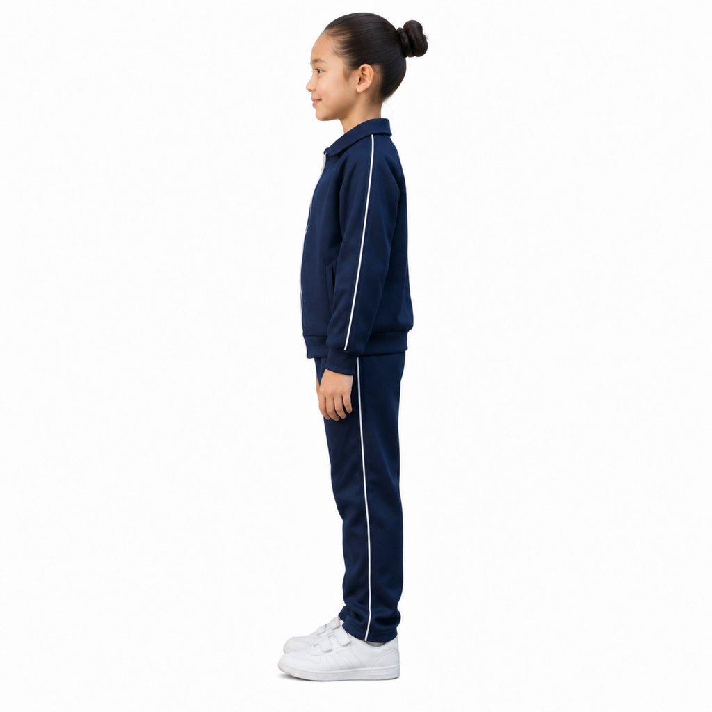 Conjunto pants escolar de felpa 4 Guerreros para niña azul marino, perfil izquierdo con modelo