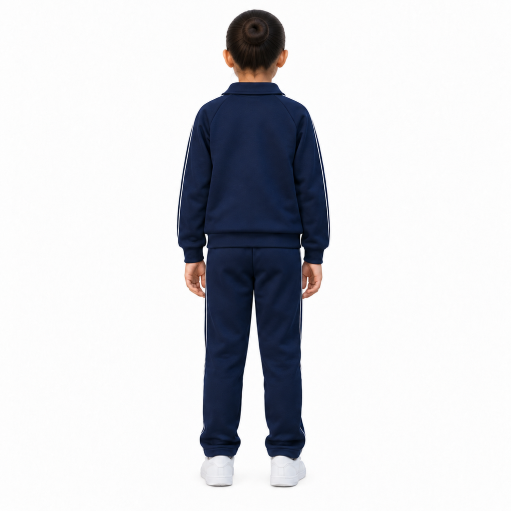 Conjunto pants escolar de felpa 4 Guerreros para niña azul marino, vista de espalda con modelo