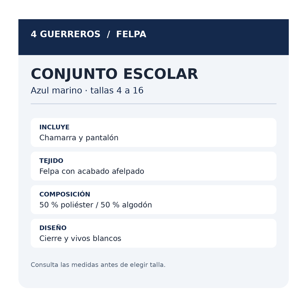 Conjunto pants escolar de felpa 4 Guerreros para niña azul marino, ficha de diseño y composición