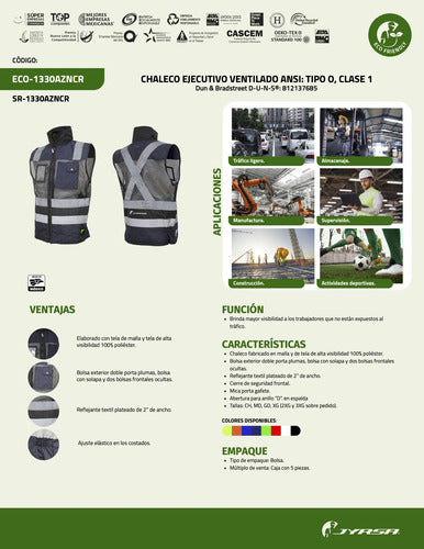 Chaleco Jyrsa Eco-1330 Ejecutivo Seguridad Con Reflejantes #mlpos_3 | Color: Azul marino #color_azul_marino #sku_eco-1330azncrch #sku_eco-1330azncrgd #sku_eco-1330azncrmd #sku_eco-1330azncrxg
