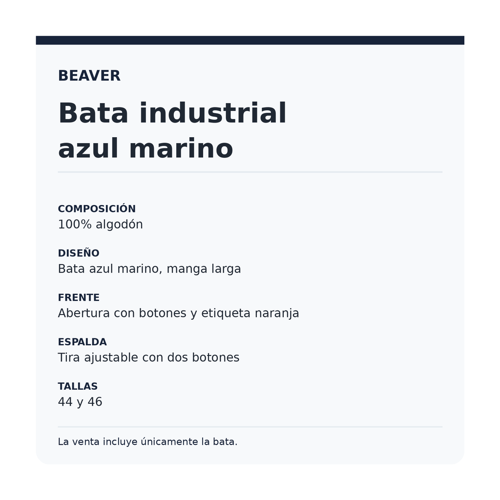 Bata industrial Beaver unisex azul marino 44-46, ficha técnica de composición y detalles