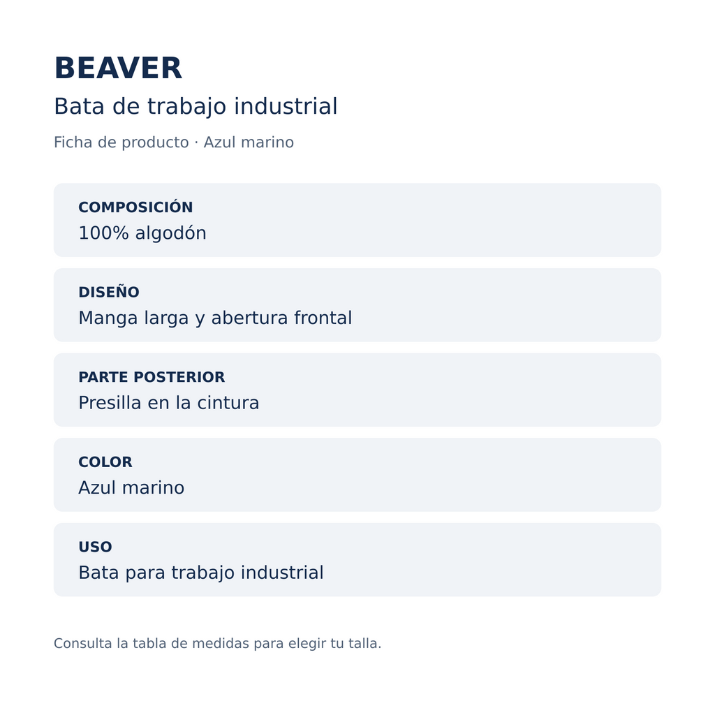Ficha técnica de bata industrial Beaver unisex azul marino, composición y diseño