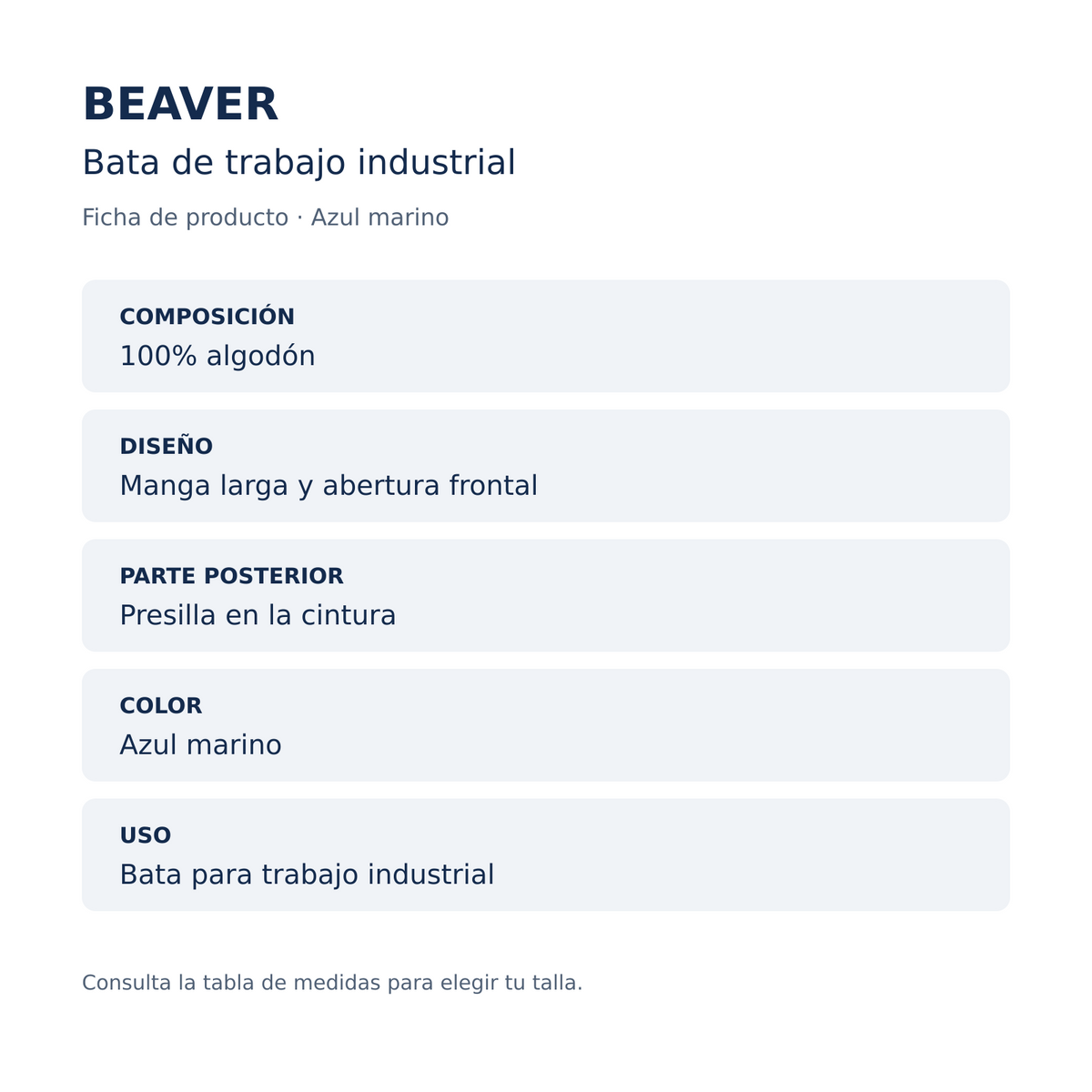 Ficha técnica de bata industrial Beaver unisex azul marino, composición y diseño | color:azul-marino