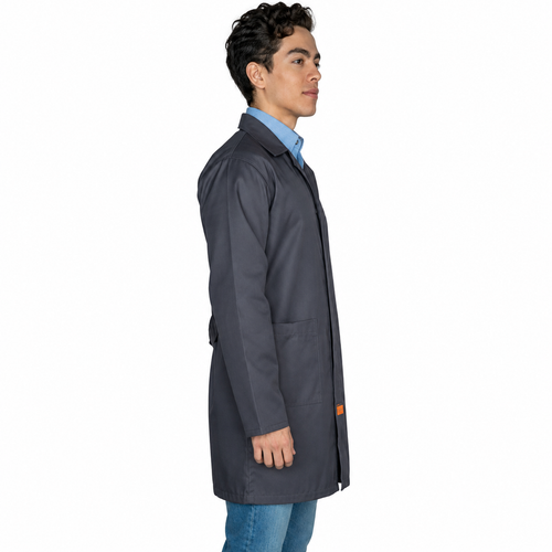 Bata industrial Beaver unisex gris Oxford 30-42, perfil derecho con modelo de sonrisa discreta | color:gris-oxford