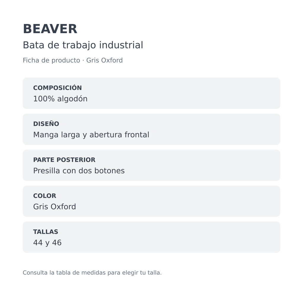 Ficha técnica de bata industrial Beaver unisex gris Oxford, composición y diseño
