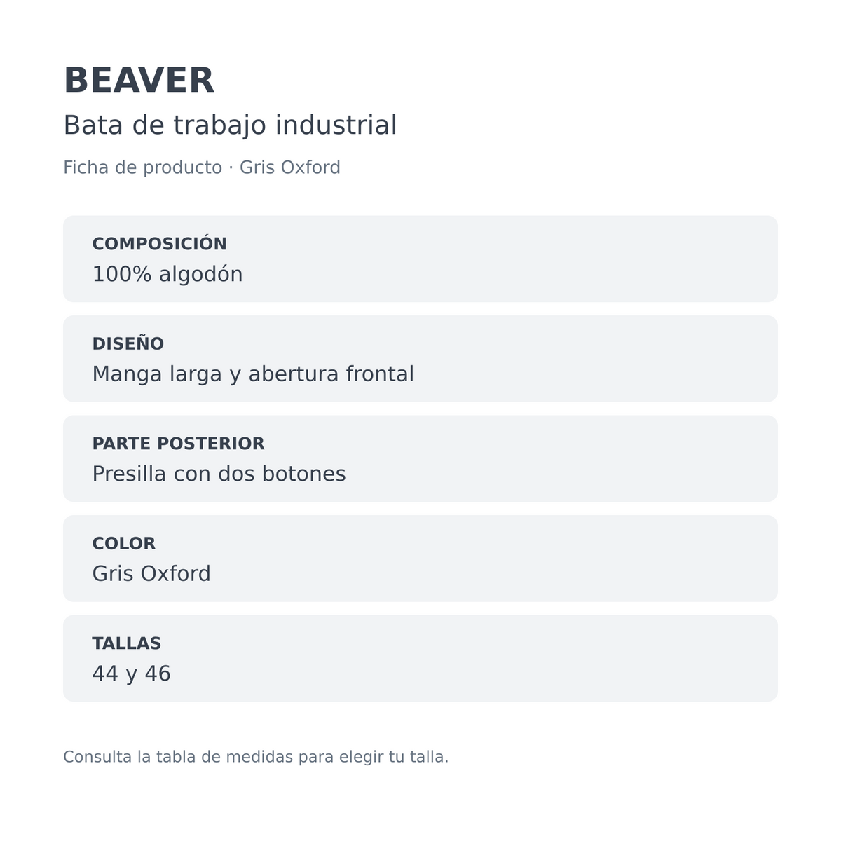 Ficha técnica de bata industrial Beaver unisex gris Oxford, composición y diseño | color:gris-oxford