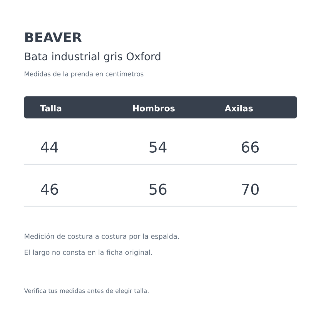 Tabla de medidas en centímetros de bata industrial Beaver gris Oxford, tallas 44 y 46
