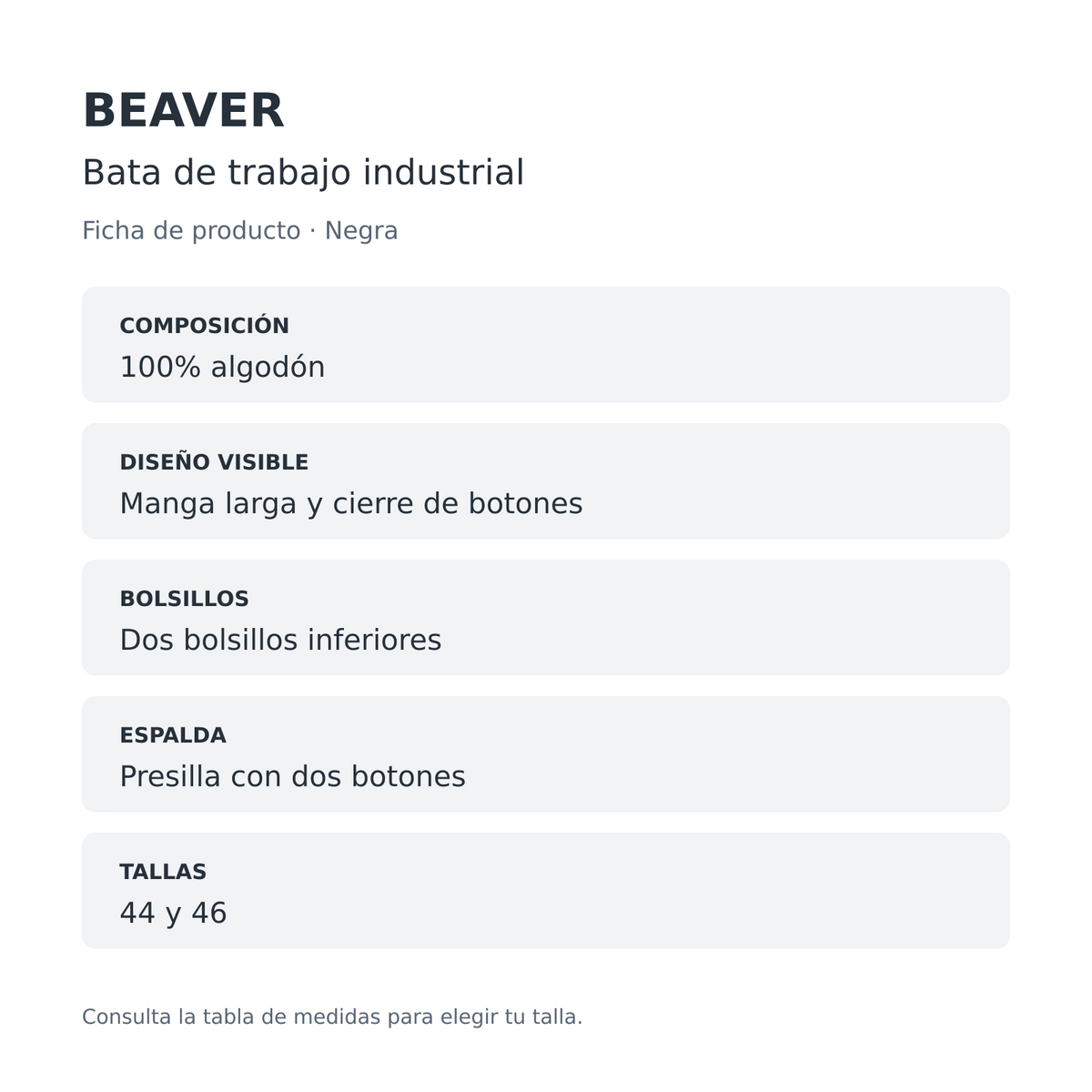 Bata industrial Beaver unisex negra 44-46, ficha técnica de algodón y detalles | color:negra