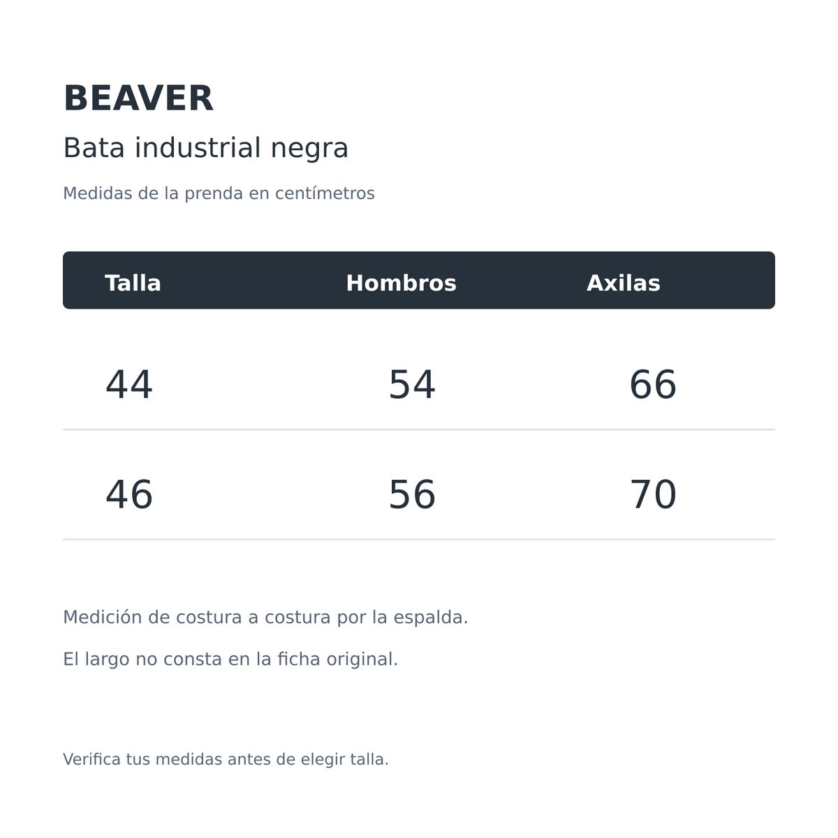 Bata industrial Beaver unisex negra 44-46, tabla de medidas tallas 44 y 46 | color:negra