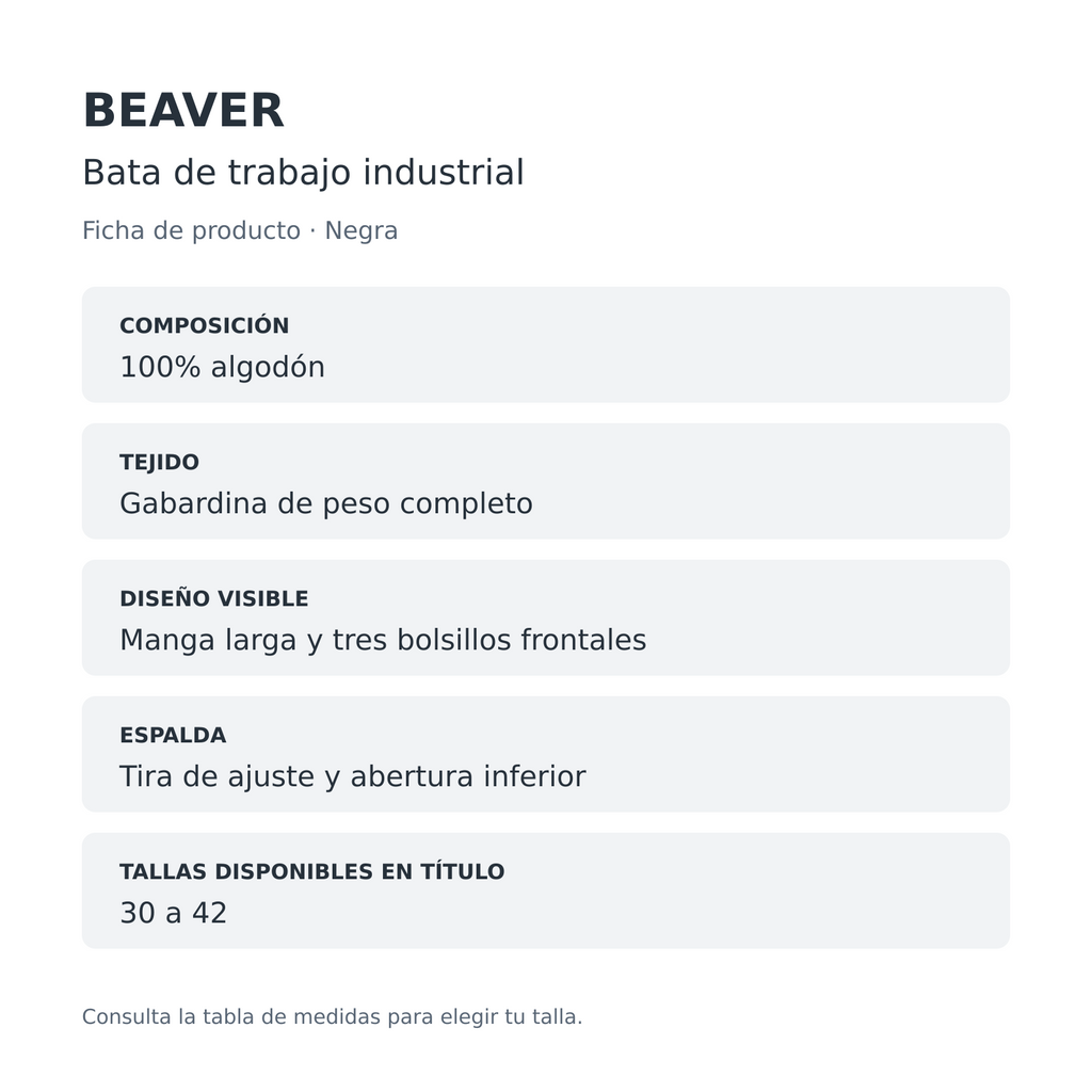 Bata industrial Beaver unisex negra, ficha técnica de composición y diseño