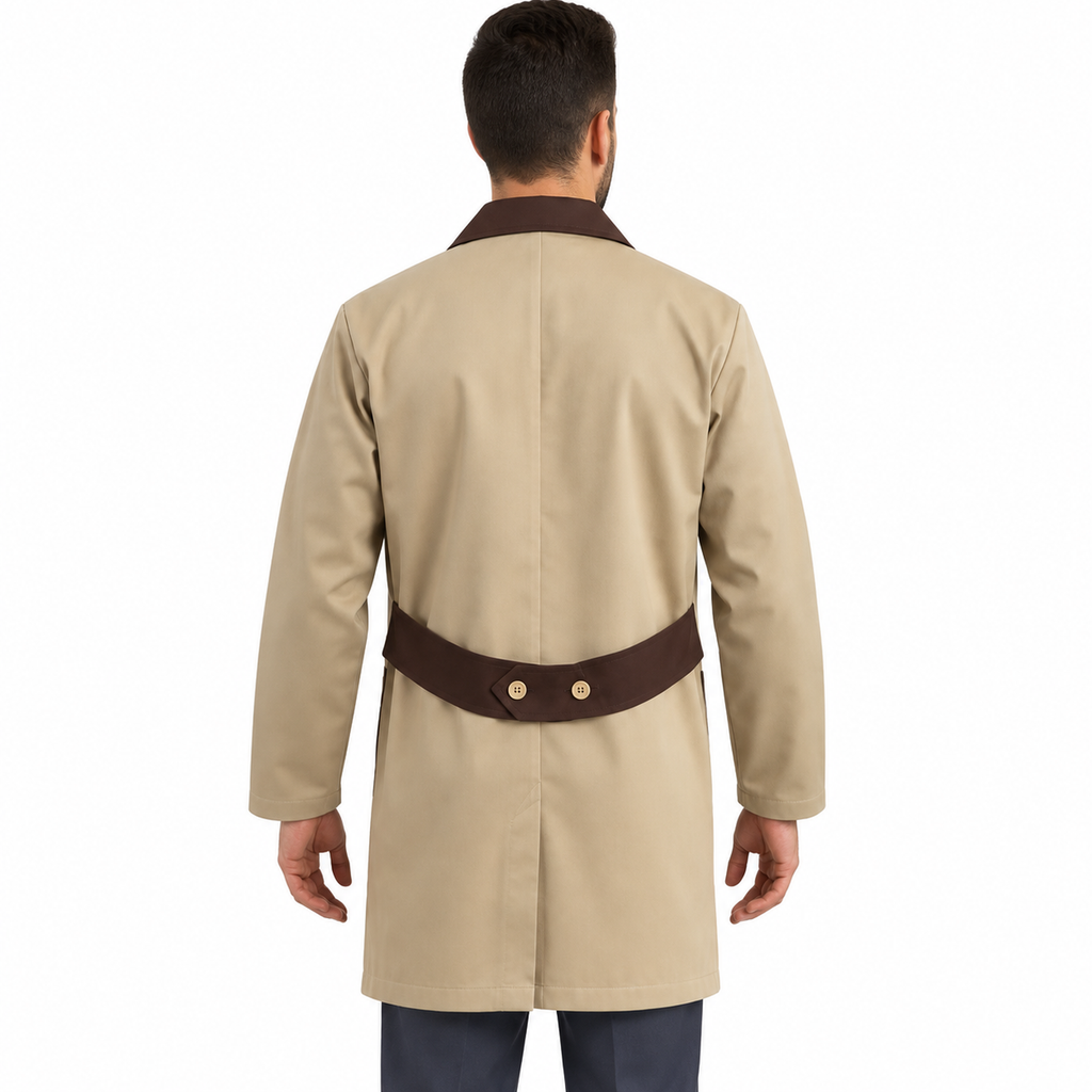 Bata técnica Beaver unisex beige con café, vista posterior con tira y dos botones