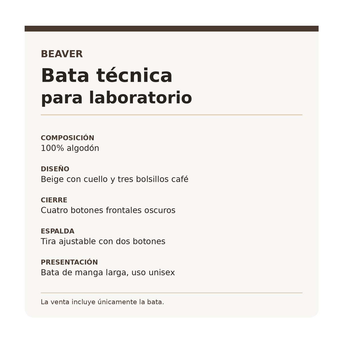 Bata técnica Beaver unisex beige con café, ficha técnica de composición y diseño | color:beige-con-cafe