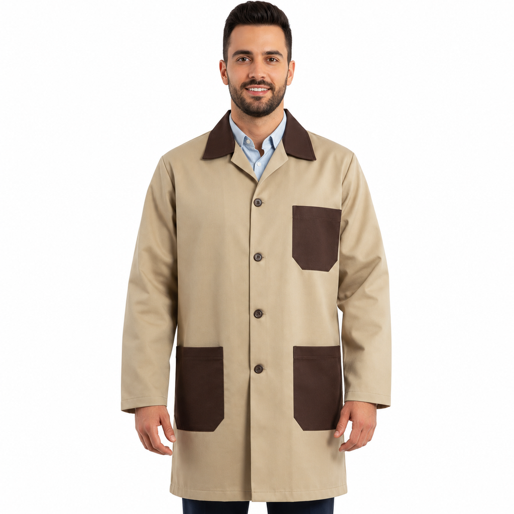 Bata técnica Beaver unisex beige con café, vista frontal con modelo de sonrisa discreta