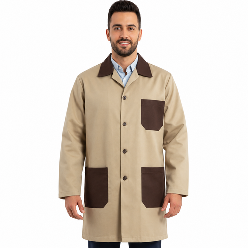 Bata técnica Beaver unisex beige con café, vista frontal con modelo de sonrisa discreta | color:beige-con-cafe