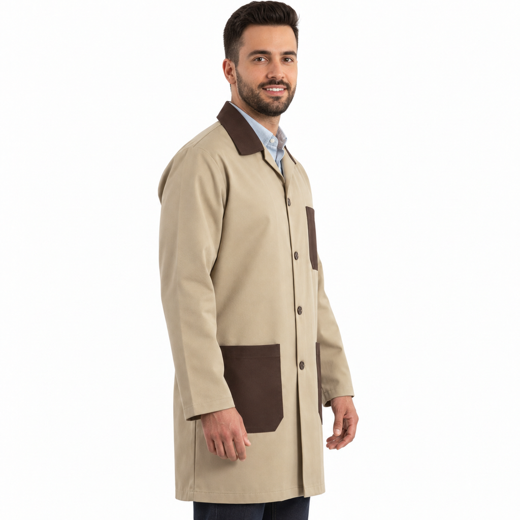 Bata técnica Beaver unisex beige con café, perfil derecho con modelo de sonrisa discreta