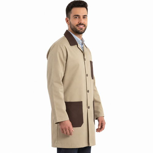Bata técnica Beaver unisex beige con café, perfil derecho con modelo de sonrisa discreta | color:beige-con-cafe
