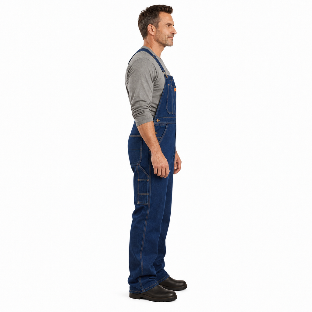 Overol peto Beaver BV821 para hombre en mezclilla Stone, perfil derecho con modelo