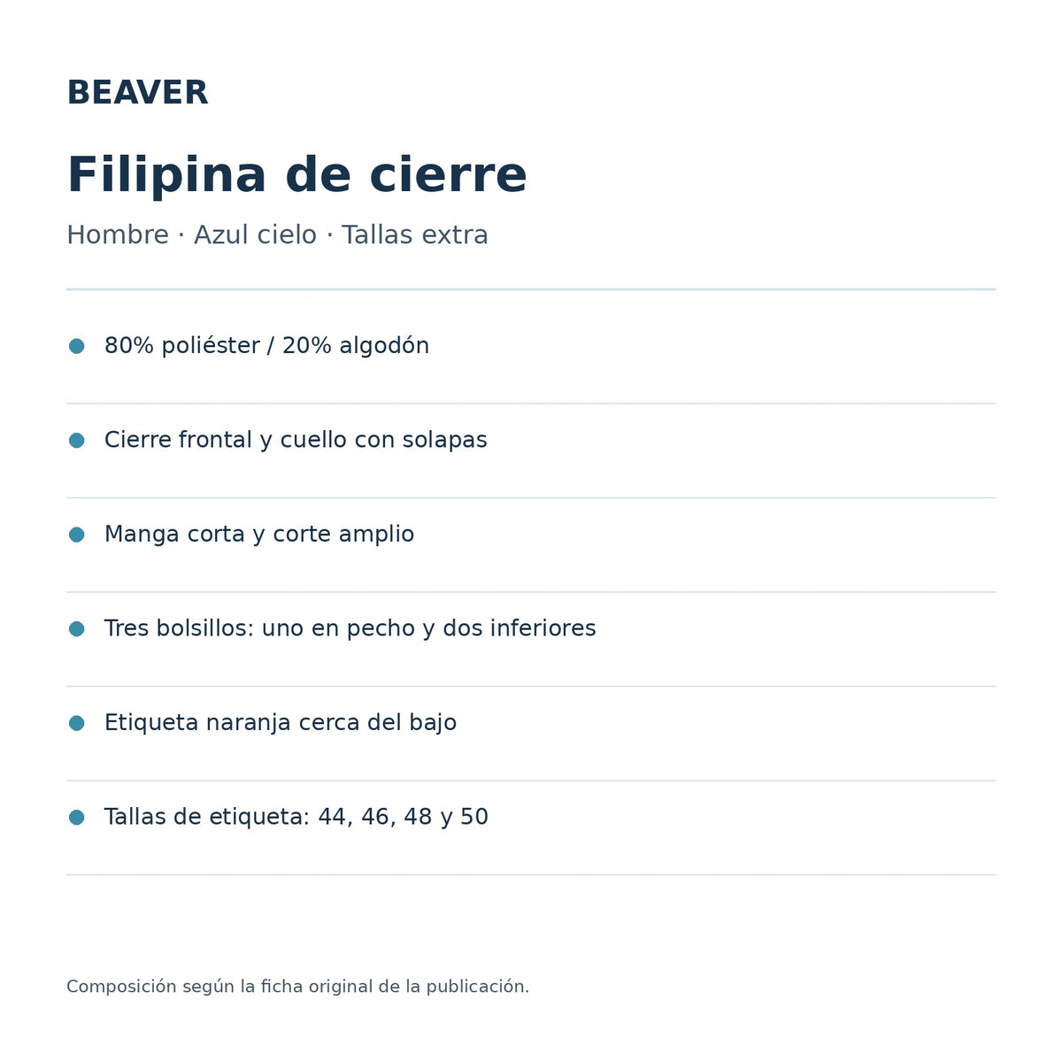 Ficha técnica de filipina Beaver para hombre en talla extra azul cielo, composición y confección | color:azul-cielo