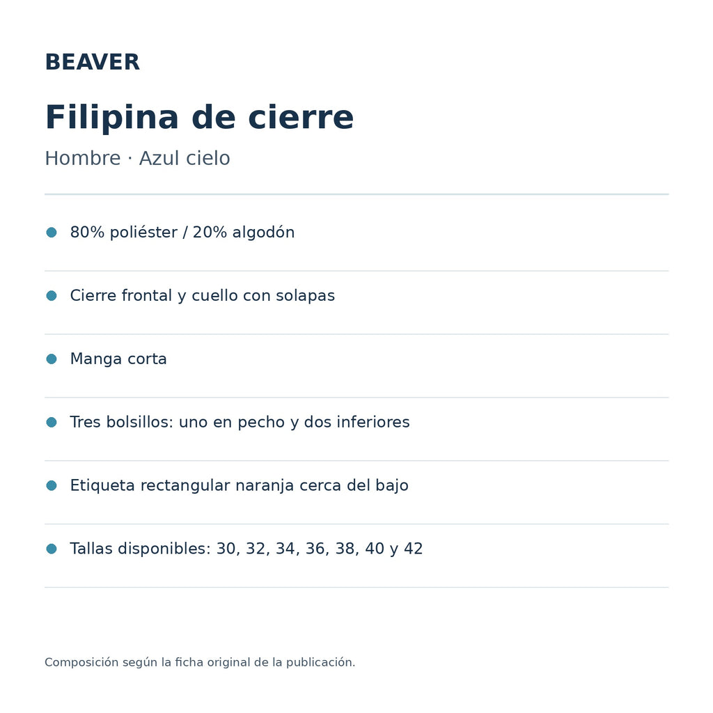 Ficha técnica de filipina clínica de cierre Beaver para hombre azul cielo, composición y detalles