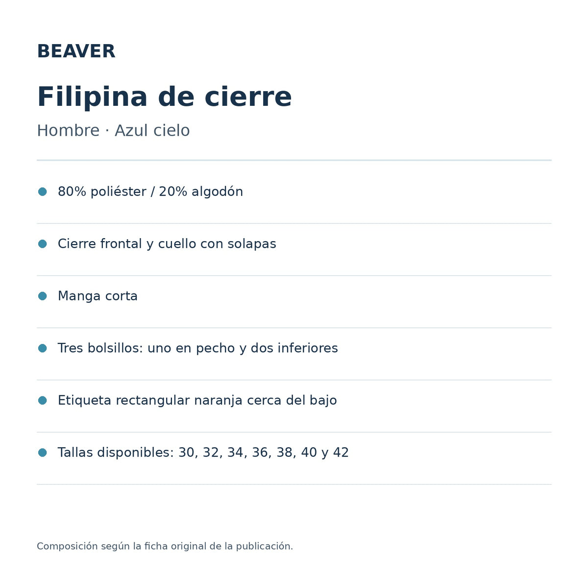 Ficha técnica de filipina clínica de cierre Beaver para hombre azul cielo, composición y detalles | color:azul-cielo