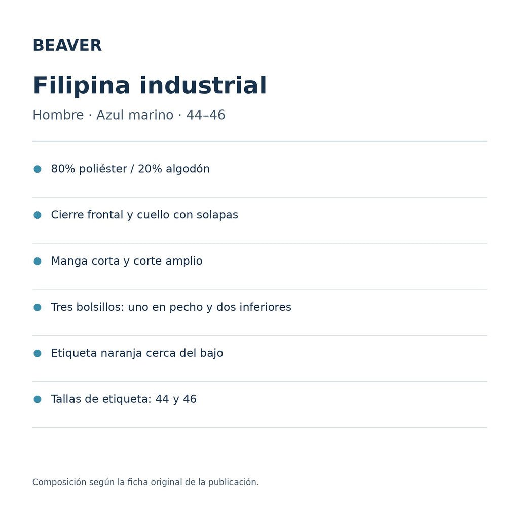 Ficha técnica de filipina industrial Beaver azul marino para hombre tallas 44 a 46, composición y confección