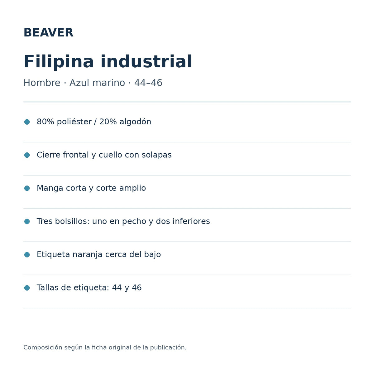 Ficha técnica de filipina industrial Beaver azul marino para hombre tallas 44 a 46, composición y confección | color:azul-marino
