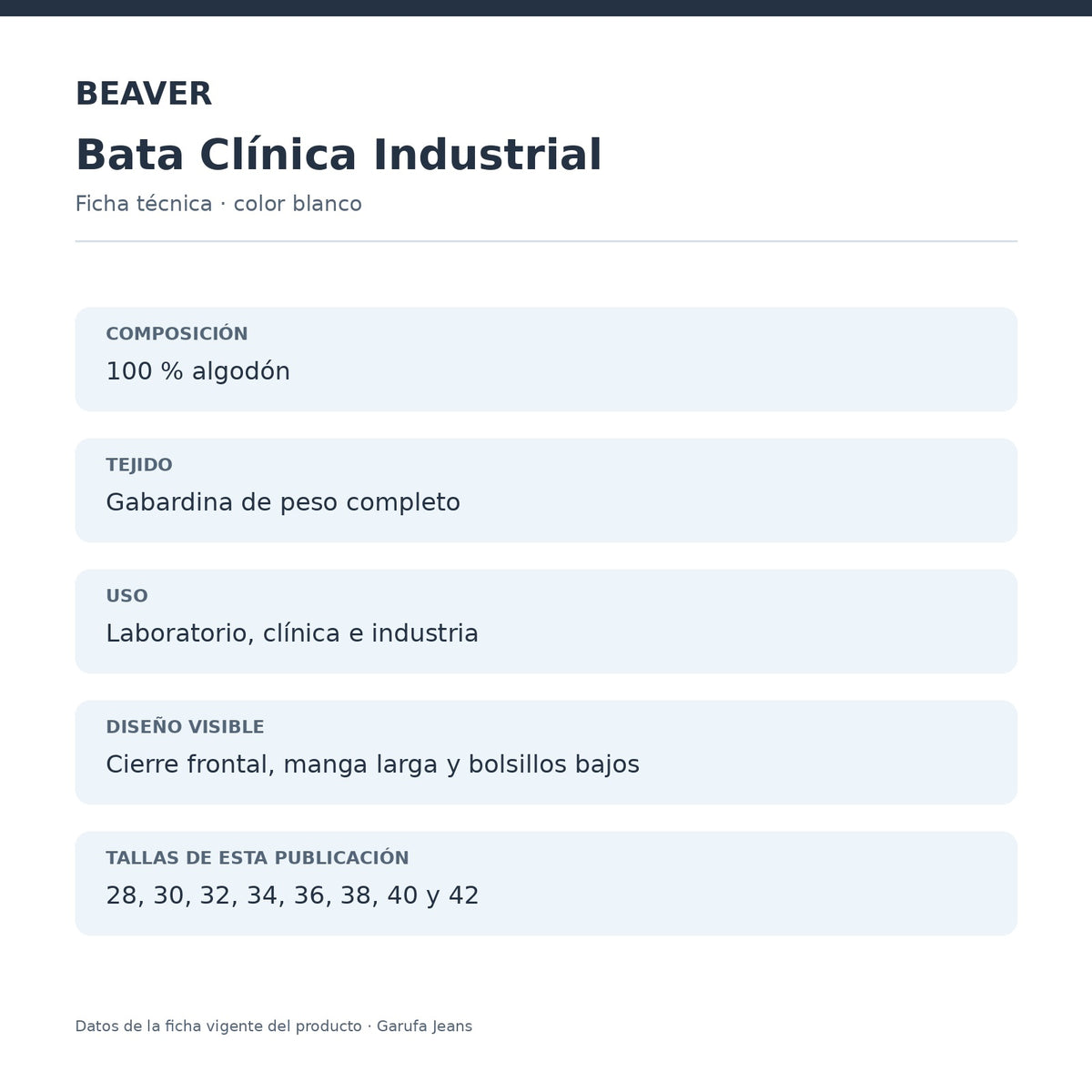 Ficha técnica de bata Beaver Clínica Industrial blanca para hombre, composición 100 % algodón y características | color:blanca