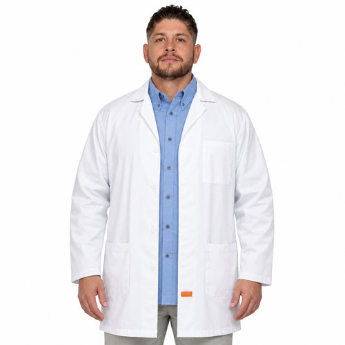 Bata de laboratorio Beaver Clínica Industrial para hombre blanca, frontal en modelo de talla extra | color:blanca