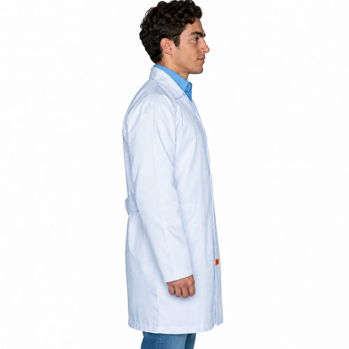 Bata de laboratorio Beaver Clínica Industrial para hombre blanca, perfil derecho en modelo | color:blanca