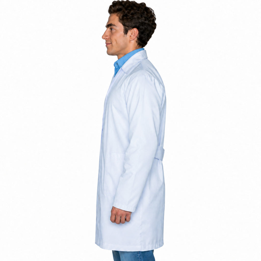 Bata de laboratorio Beaver Clínica Industrial para hombre blanca, perfil izquierdo en modelo