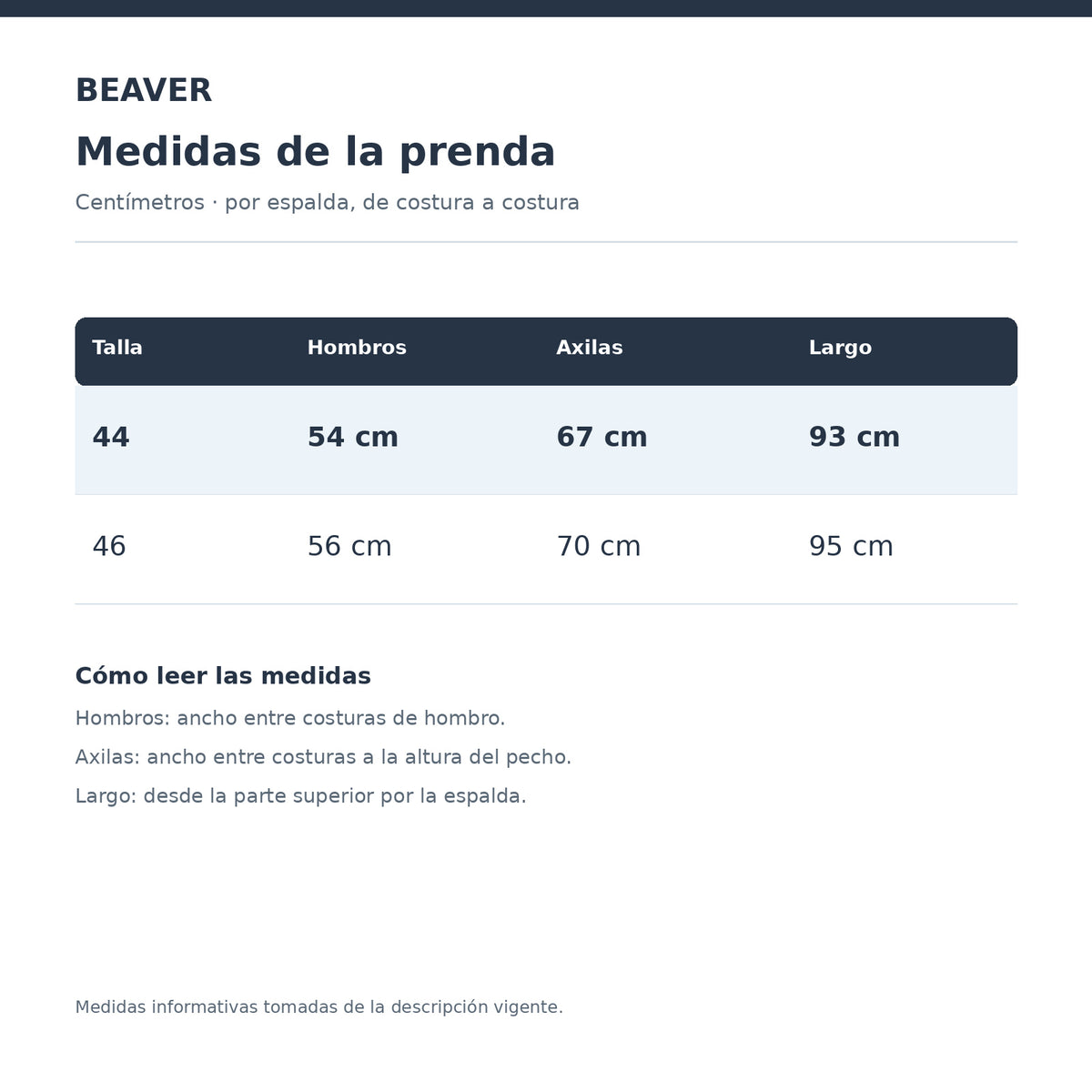 Tabla de medidas de bata Beaver Clínica Industrial blanca para hombre, tallas 44 y 46 en centímetros | color:blanca