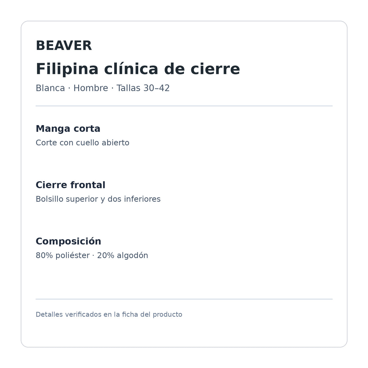 Ficha de filipina clínica Beaver blanca: 80% poliéster y 20% algodón | Color: Blanca #color_blanca