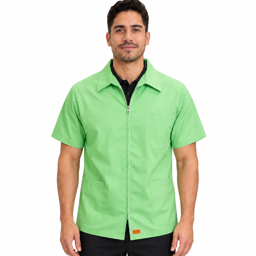 Filipina clínica Beaver verde claro para hombre, vista frontal con cierre y bolsillos | Color: Verde claro #color_verde_claro