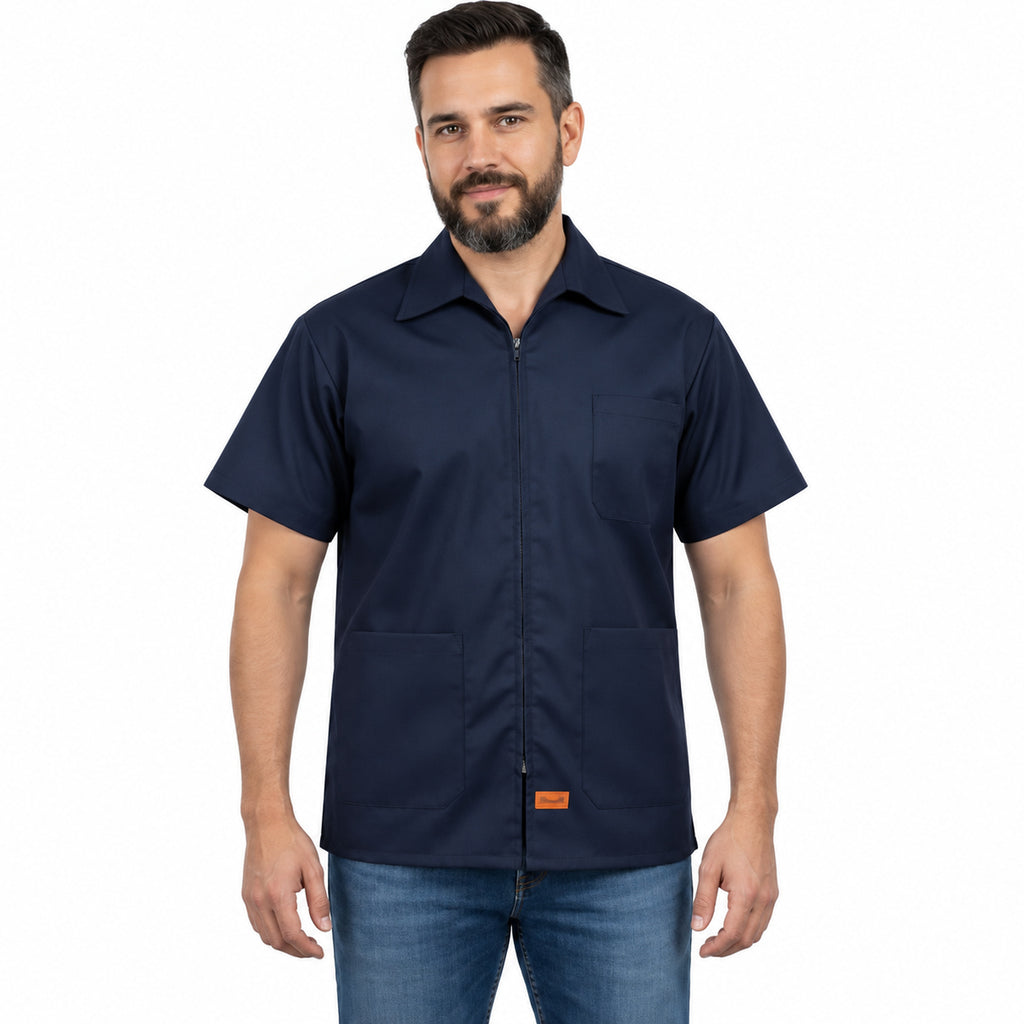Filipina industrial Beaver azul marino para hombre, frente con modelo y etiqueta naranja | Color: Azul marino #color_azul_marino