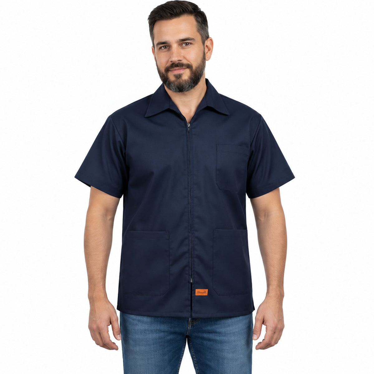 Filipina industrial Beaver azul marino para hombre, frente con modelo y etiqueta naranja | Color: Azul marino #color_azul_marino