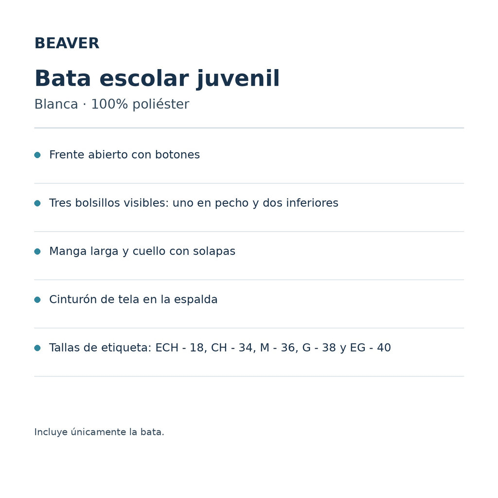 Ficha técnica de bata escolar juvenil Beaver unisex blanca, poliéster y detalles de confección