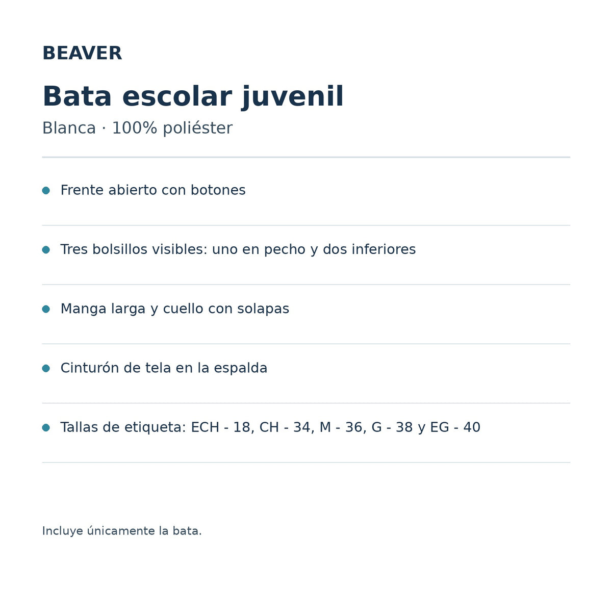 Ficha técnica de bata escolar juvenil Beaver unisex blanca, poliéster y detalles de confección | color:blanca