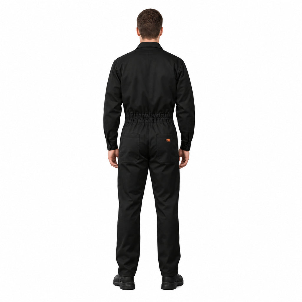 Overol industrial Beaver tipo mecánico para hombre negro, vista posterior con modelo y cintura elástica