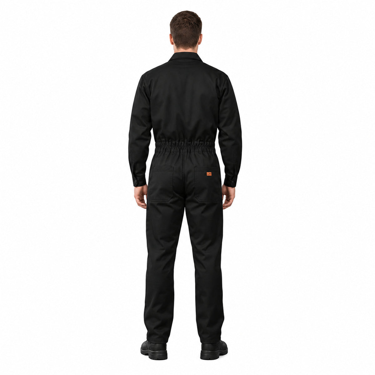Overol industrial Beaver tipo mecánico para hombre negro, vista posterior con modelo y cintura elástica | color:negro