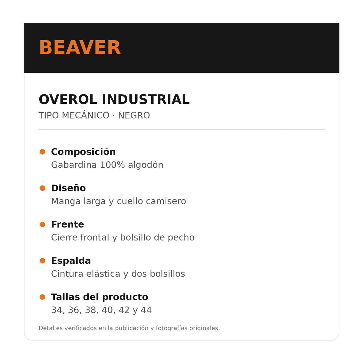 Overol industrial Beaver tipo mecánico para hombre negro, ficha de características | color:negro