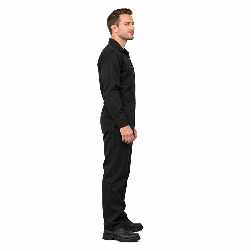 Overol industrial Beaver tipo mecánico para hombre negro, perfil derecho con modelo