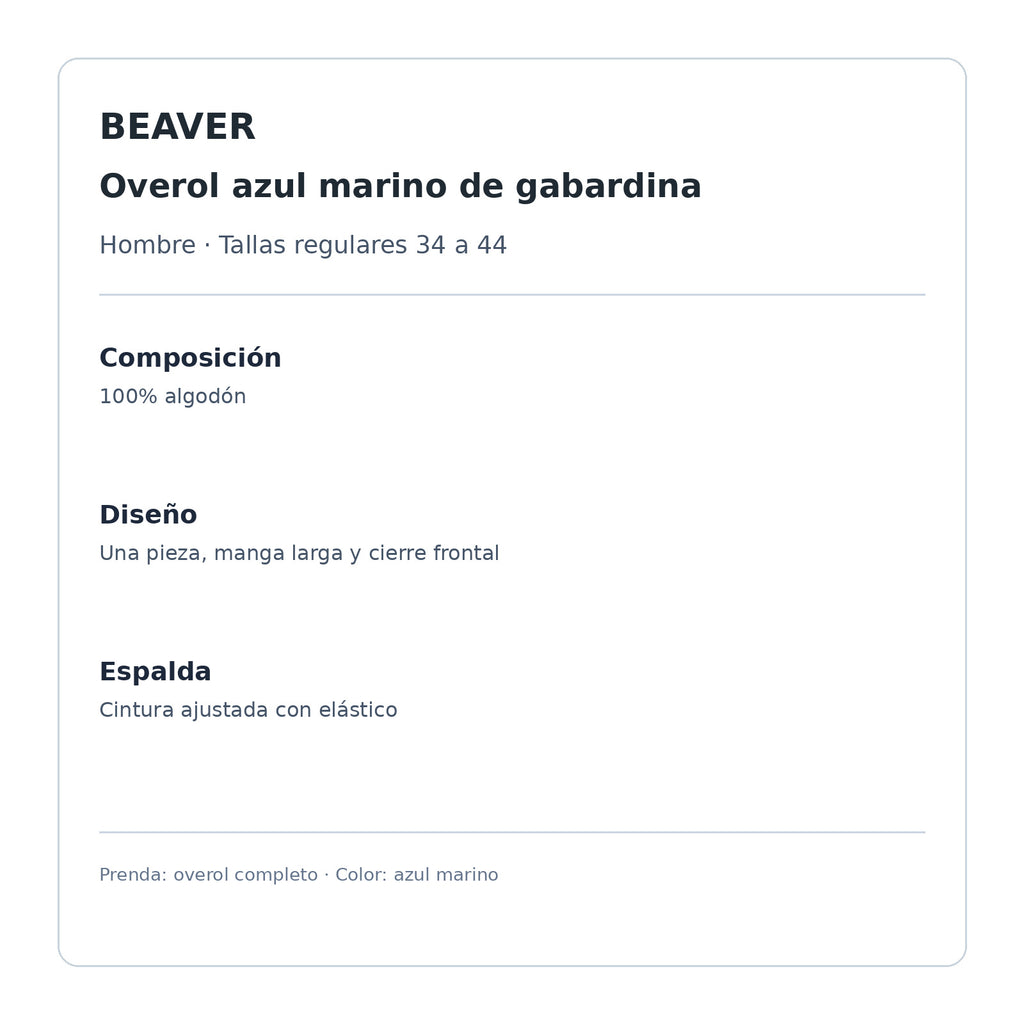Overol Beaver de gabardina para hombre azul marino, ficha técnica