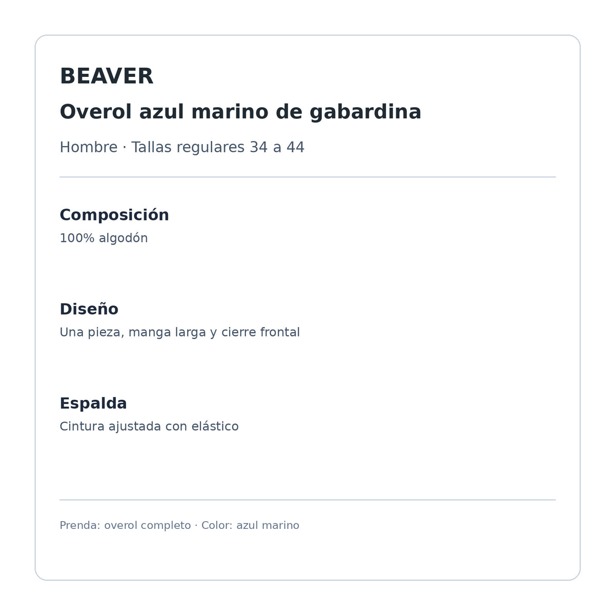 Overol Beaver de gabardina para hombre azul marino, ficha técnica | color:azul-marino