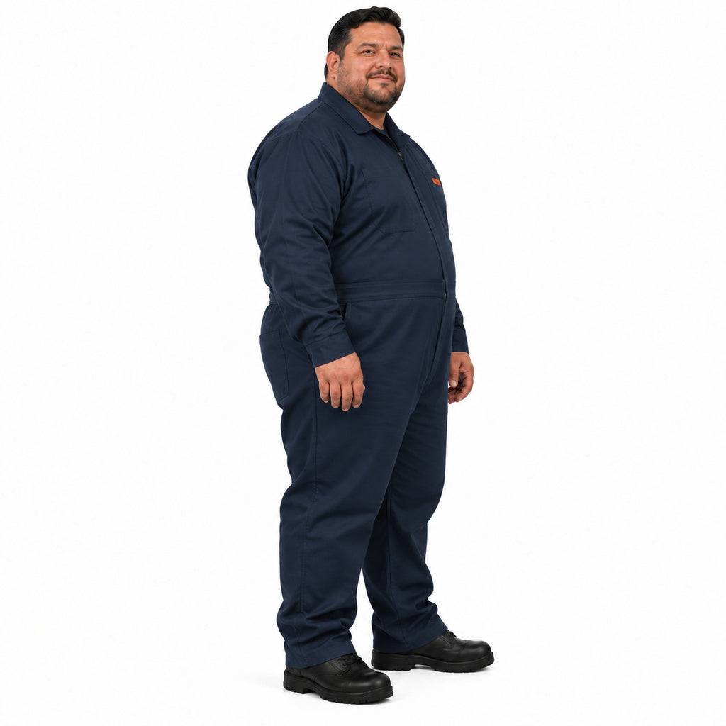 Overol Beaver de gabardina para hombre azul marino talla extra, perfil derecho con modelo
