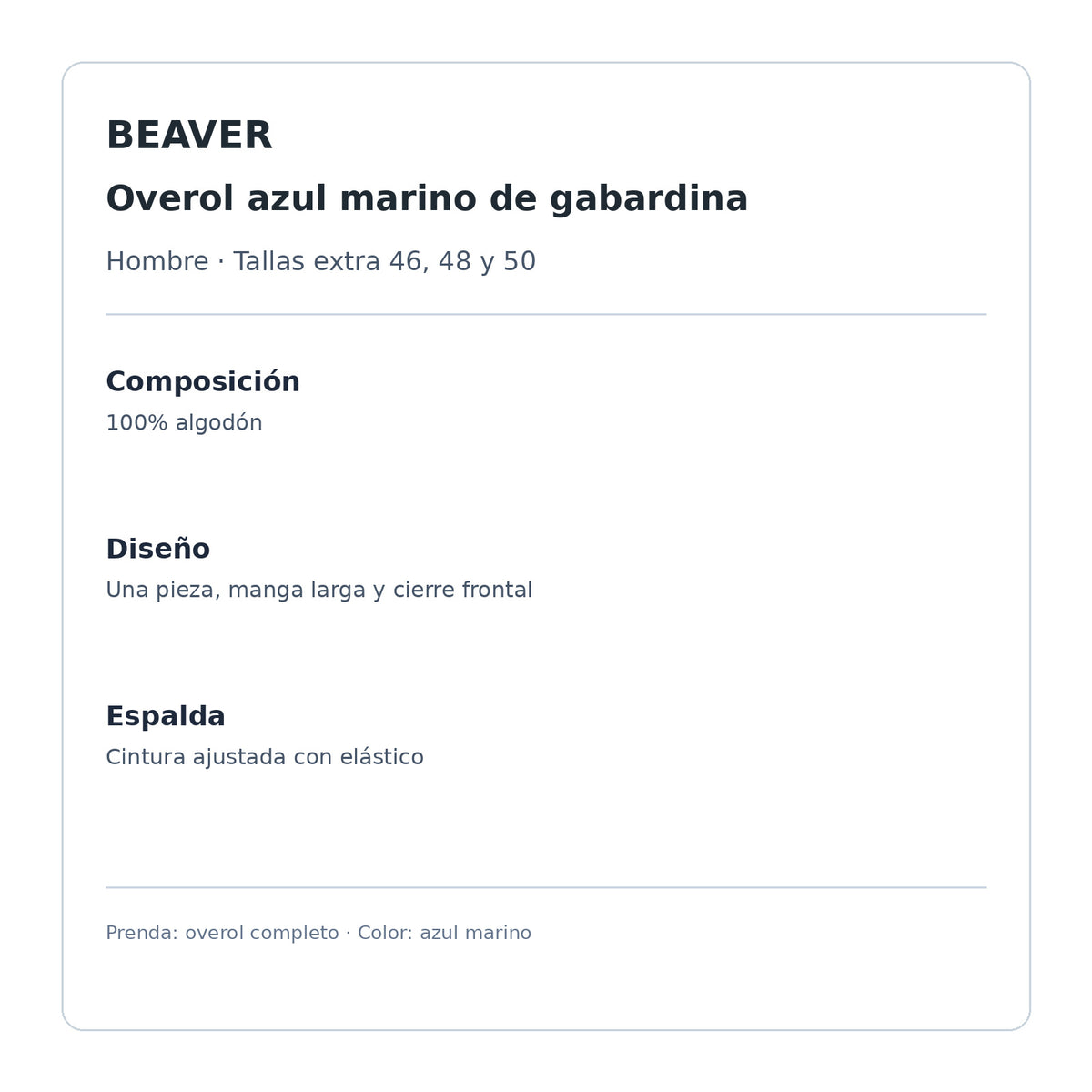 Overol Beaver de gabardina para hombre azul marino talla extra, ficha técnica | color:azul-marino